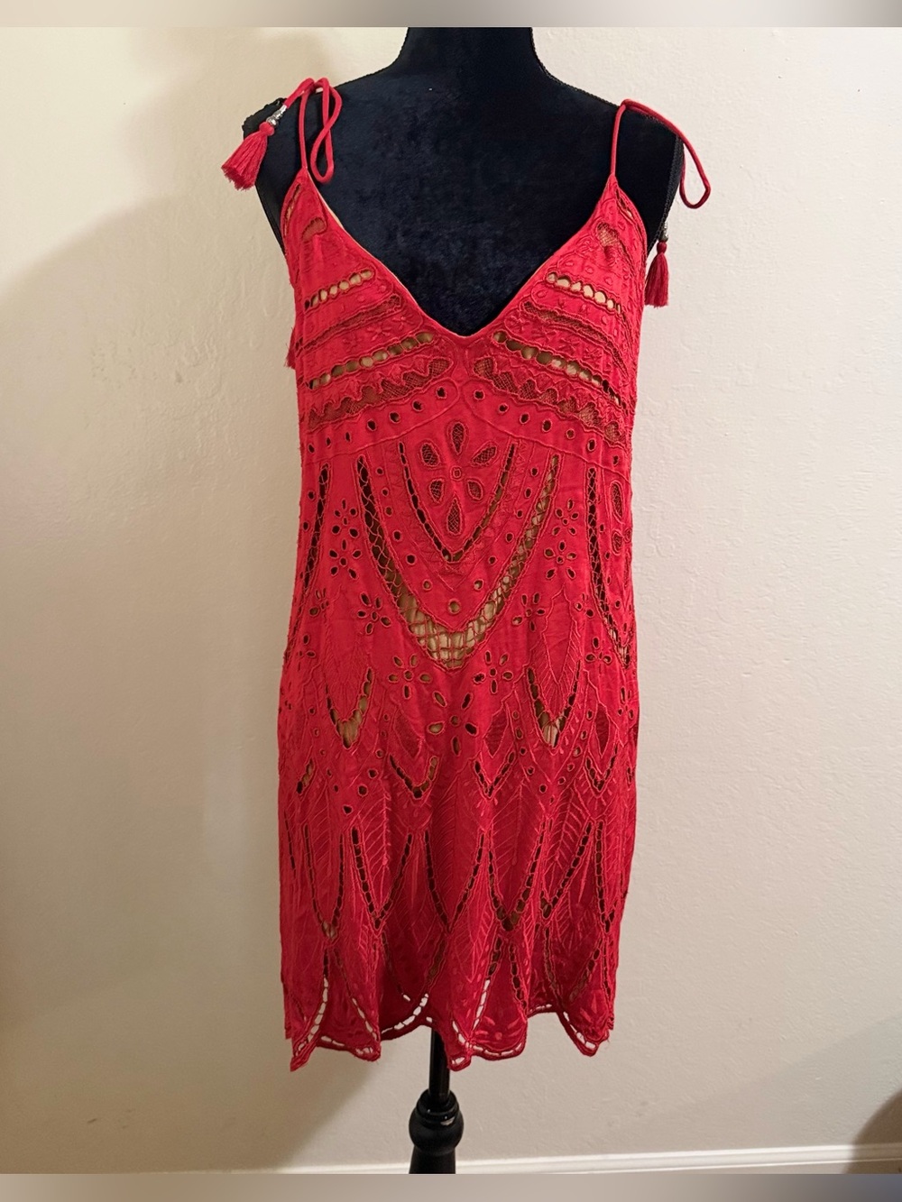 Free People PYT Mini Dress Red Lace Boho Crochet Scalloped Cutout Strappy V-Neck - Picture 6 of 15